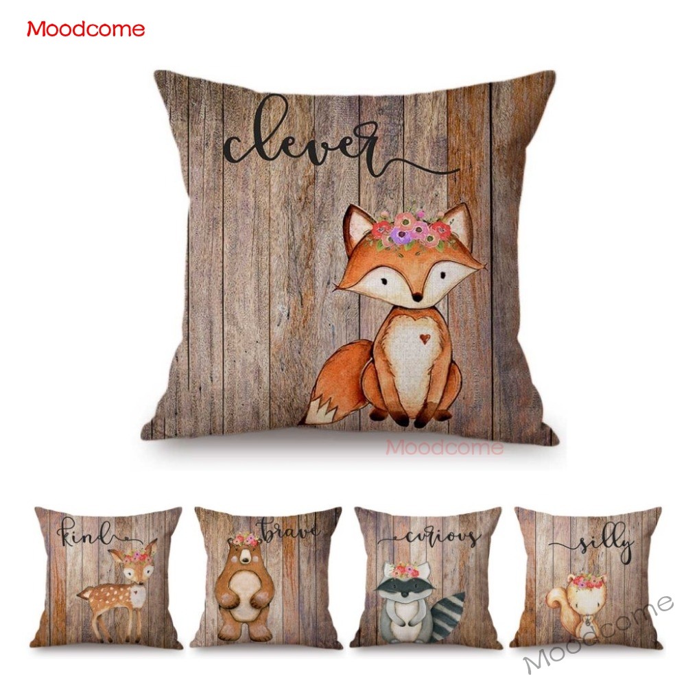 Baby Nursery Cushion - Милые лесные животные текстура дерева детская