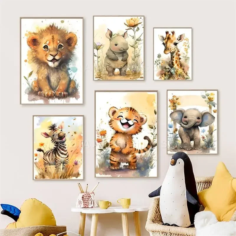 Animals Baby Nursery - Акварель Лев Жираф Тигр Слон Зебра