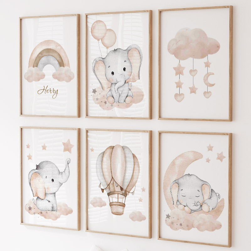 Animals Baby Nursery - Милый слон, горячий воздушный шар, луна,